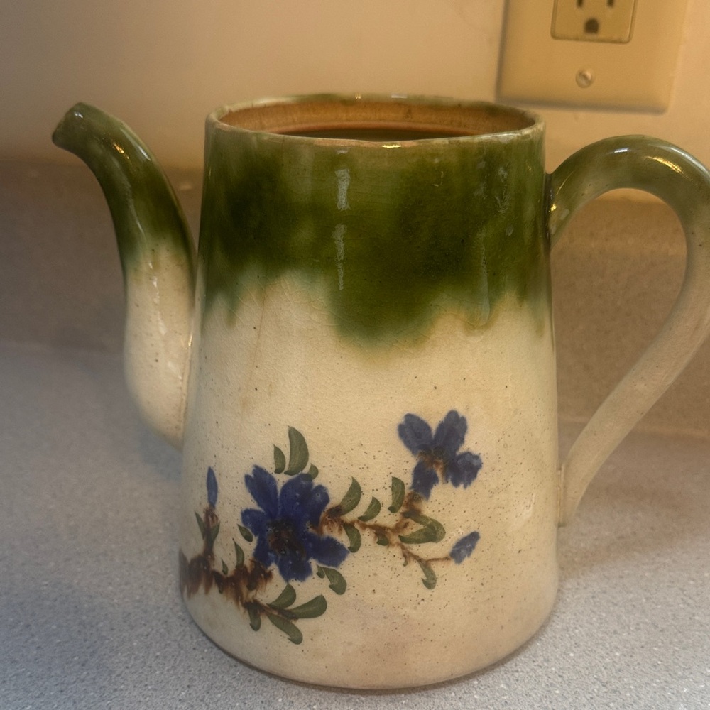 Handcrafted Ceramic Teapot with Green and Blue Floral Design
